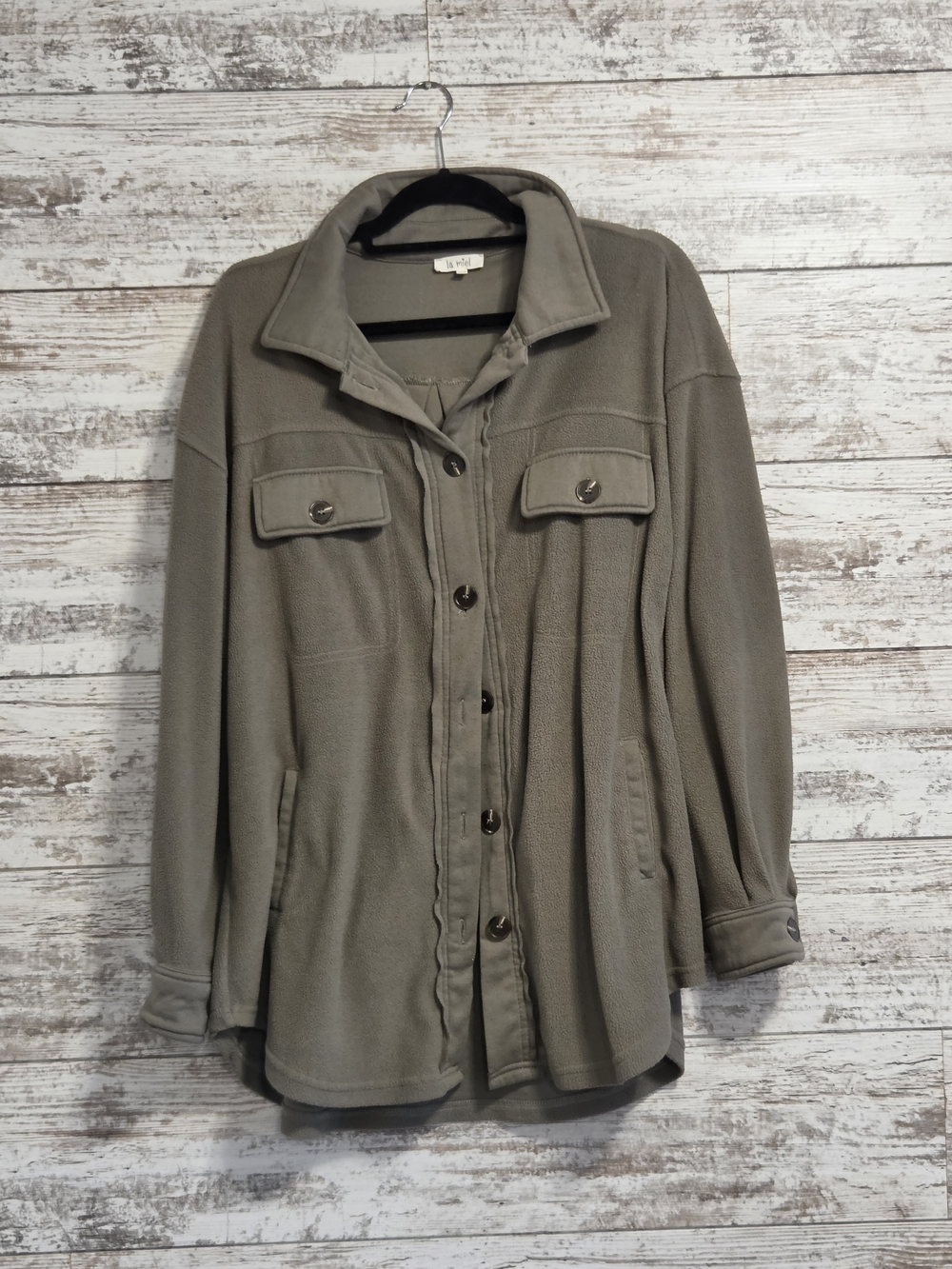 Light Olive Button-Front Fleece Jacket
